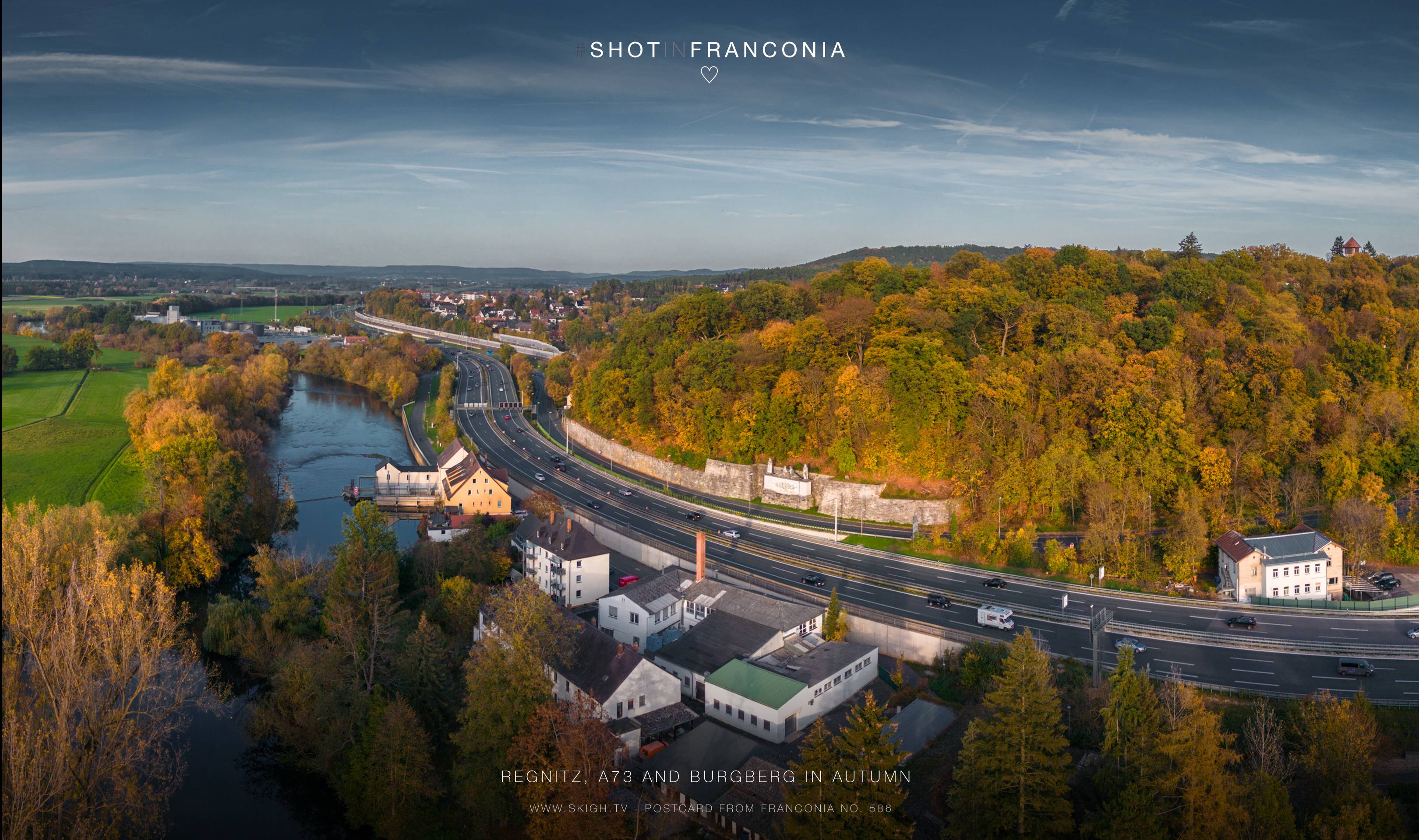 Regnitz, A73 and Burgberg in autumn | 1/730s * f1.7 * ISO 100 * 7mm - 6.7 mm f/1.7 - DJI Mini 3 pro Regnitz, A73 and Burgberg in autumn